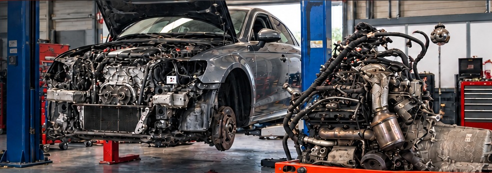 Realistic view of a car in a workshop with engine and gearbox on the right